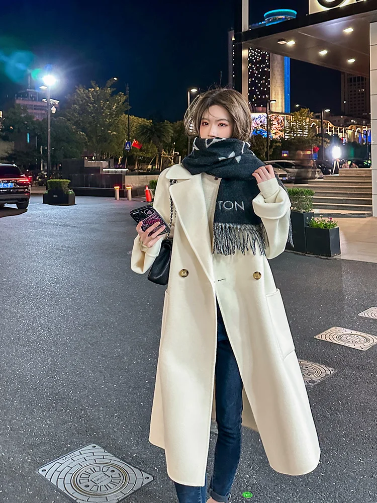 

Элитное двустороннее шерстяное пальто из кашемира для женщин, свободного кроя, в корейском стиле, с поясом на талии, зимняя верхняя одежда средней длины, прямой крой