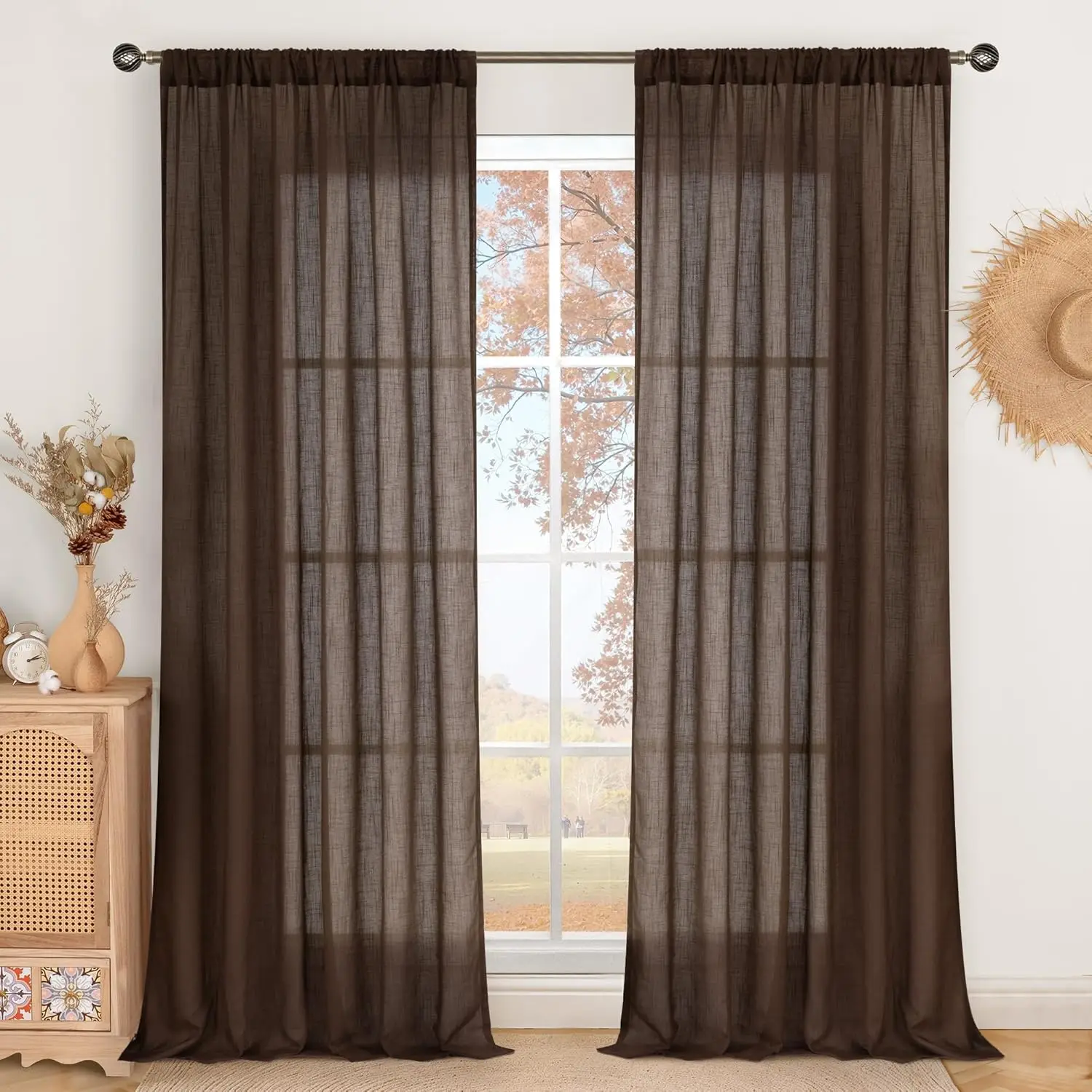 

Linen Curtains 102 Inch Length for Living Room, Brown Semi Sheer Window Drapes with Rod Pocket, 2 Panels Set