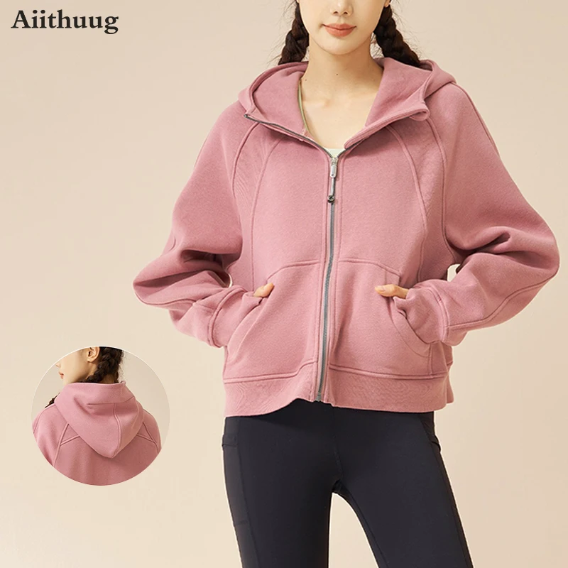 Aiithuug Fleece Full-Zip Hoodies Casual Long Sleeve Yogawear with Pockets Women's Winter Warm Sport Outerwear Fitness Gym Jacket