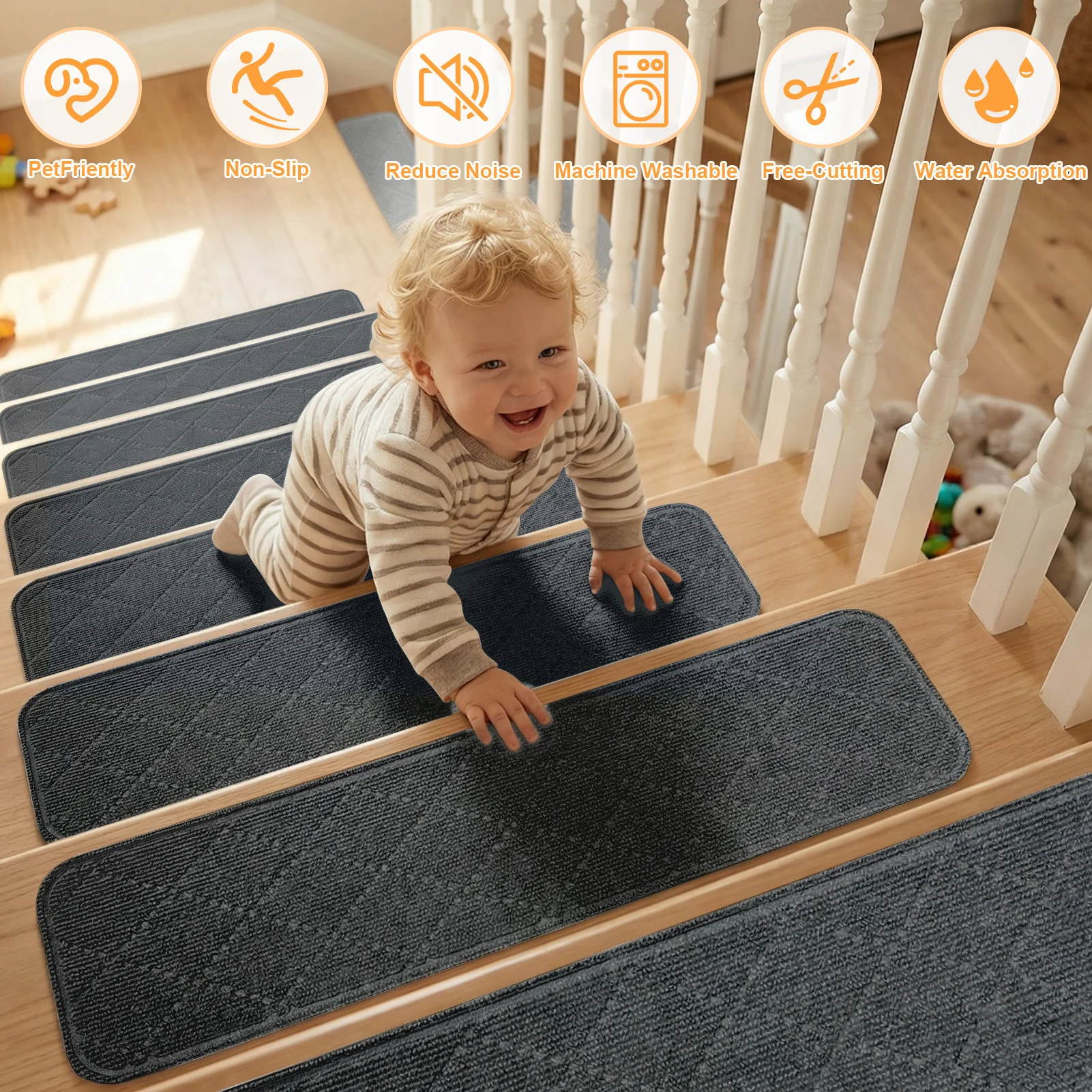 4Pc Edging Stair Treads Polyester TPE Backing Non-Slip Carpet Mats 20x76CM Indoor Stair Runner for Wooden Step Edging Stair Rugs