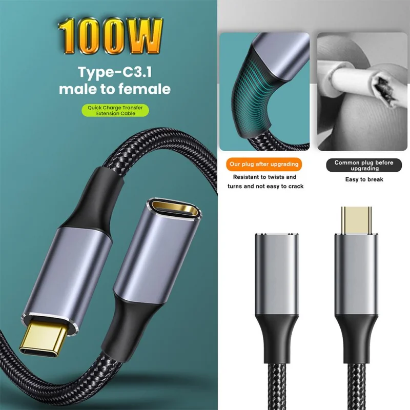 USB 3.1 Type C Extension Cable PD100W 10Gbps USB C 5A Fast Charging Cable Extend Male to Female 4K Audio video Cable Extender