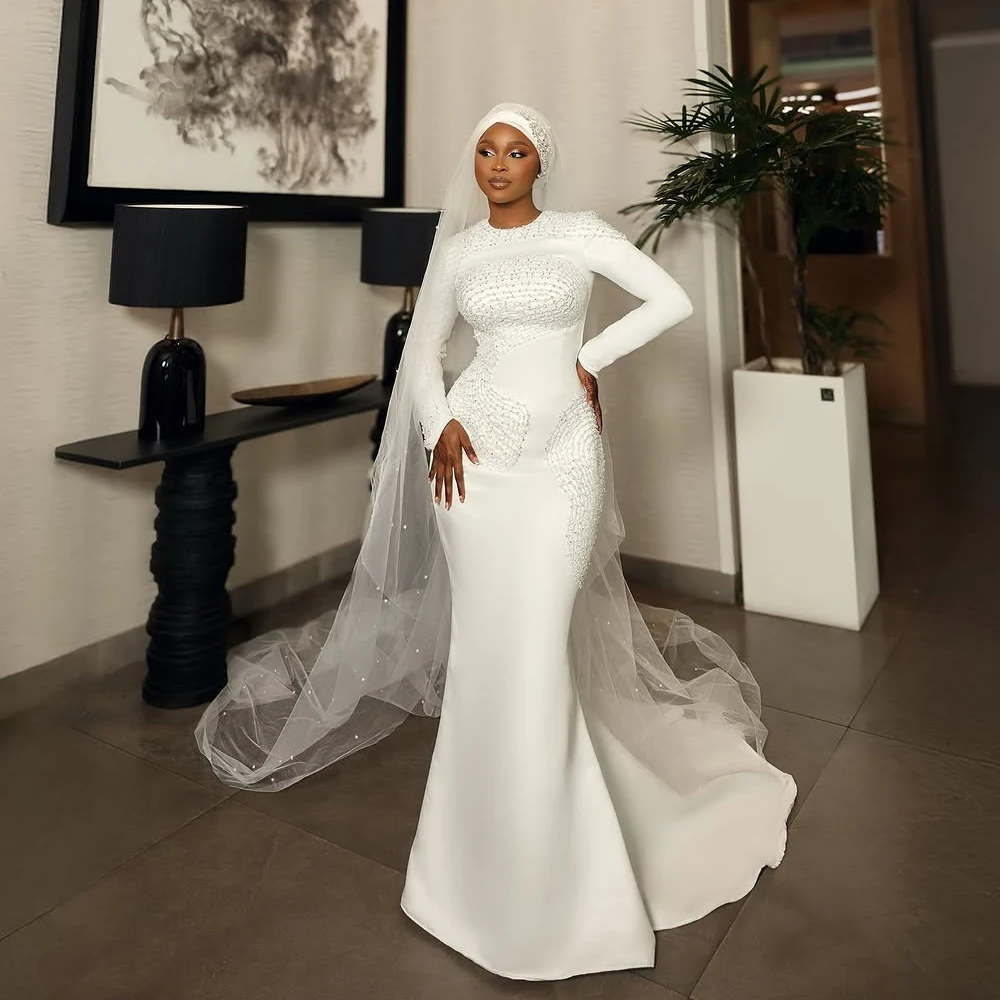 Aso Ebi robes de mariée sirène 2025 perlée col rond vestidos de novia manches longues robe de mariée de luxe femmes africaines personnalisées