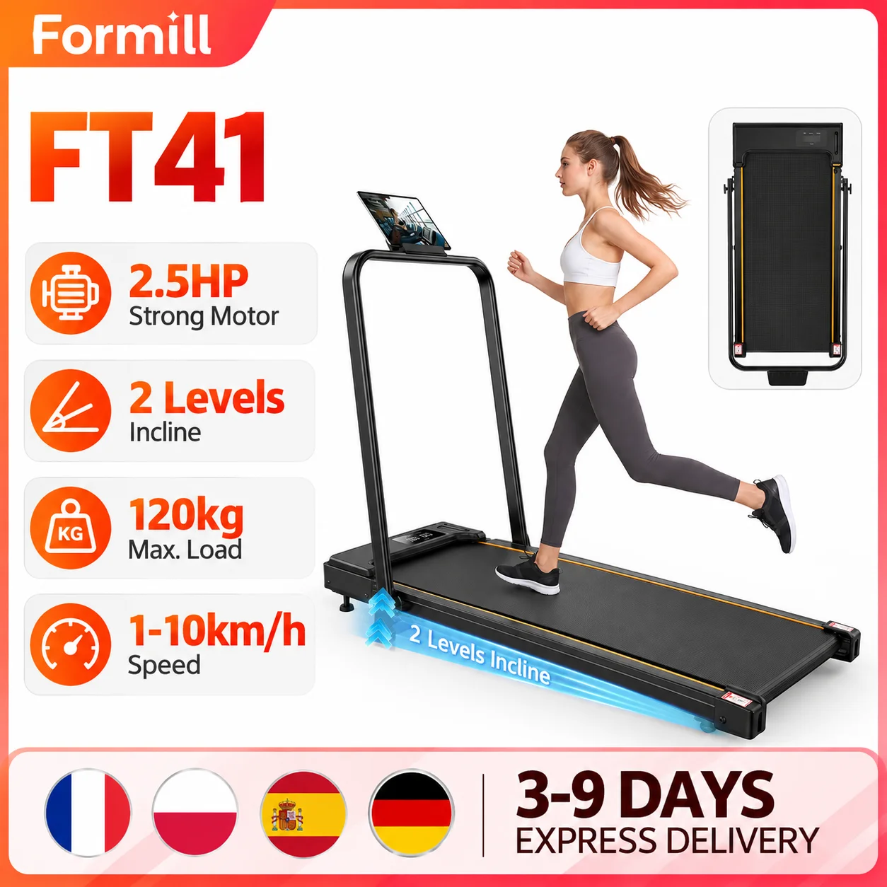 Tapis de course pliable Formill 2,5 CV FT41 1-10 km/h, machine de course à domicile avec pente réglable, tapis de marche, télécommande, équipement d'entraînement physique à domicile, capacité 120 kg