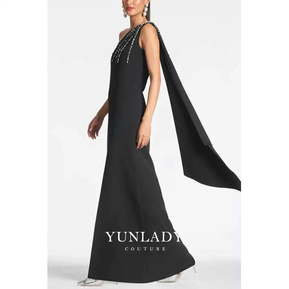 YUNLAN Luxury Dubai One Shoulder Sleeve Beaded Evening Dress 2024 Saudi Black Long Smock Dress New Muslim Wedding Prom Dress