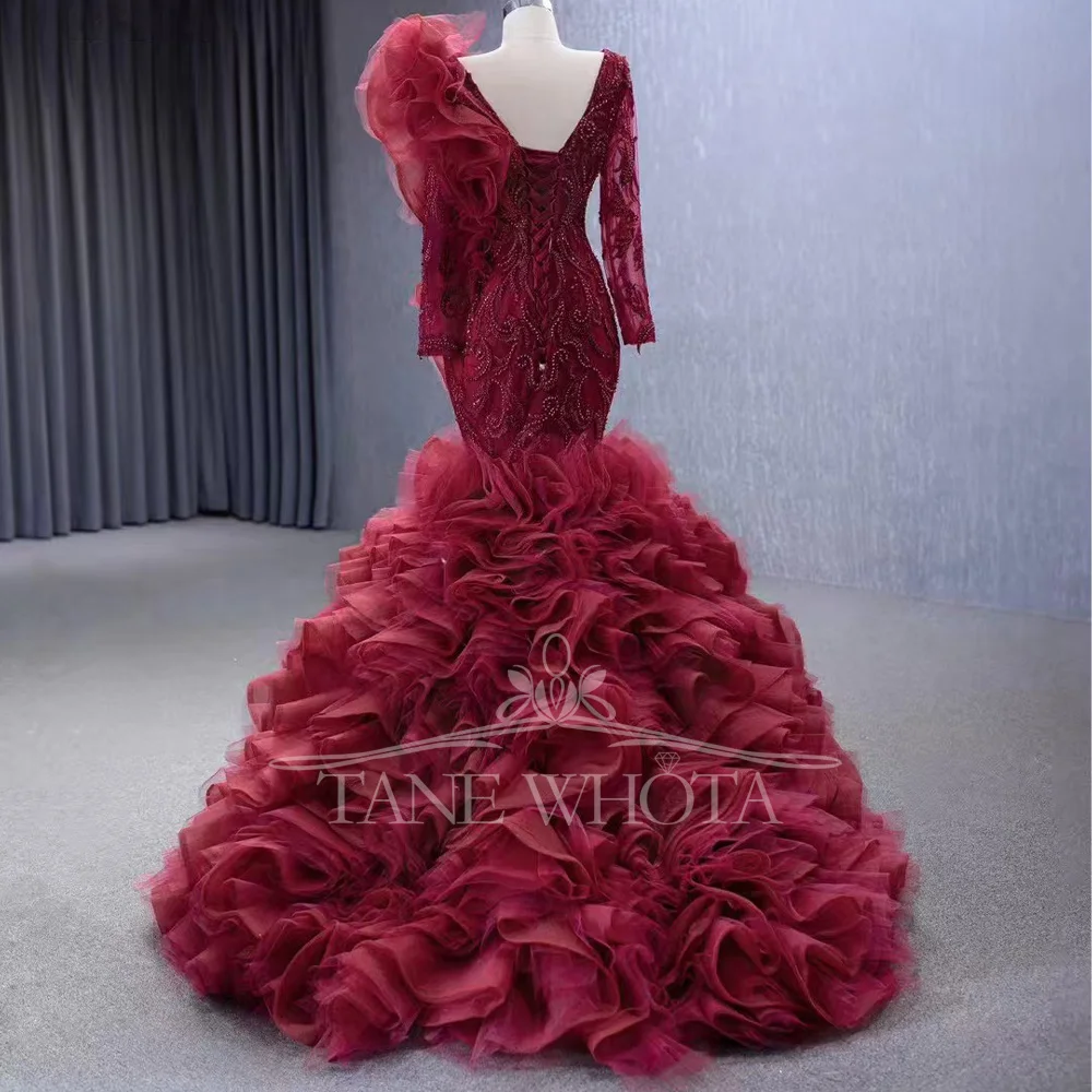 

Платье-футляр, красное вечернее платье, настраиваемое, на шнуровке сзади, вышивка бисером, с круглым вырезом и длинными рукавами, подходит для женщин, ночное платье