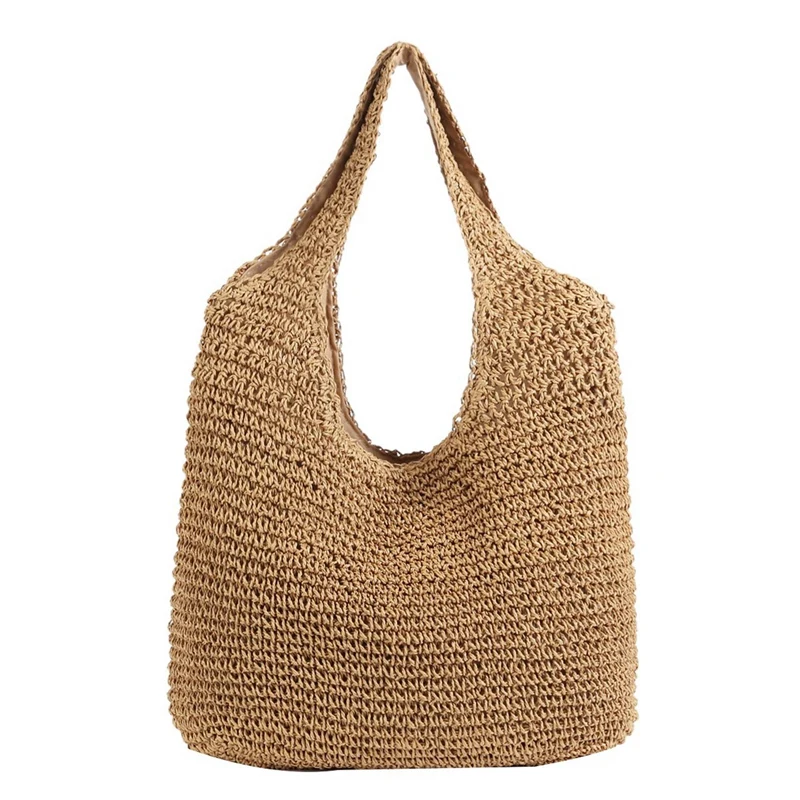 

2X Korean Version Ins Wind Beach Holiday Style New Handmade Woven Bag Shoulder Simple Solid Color Wild Straw Bag Khaki