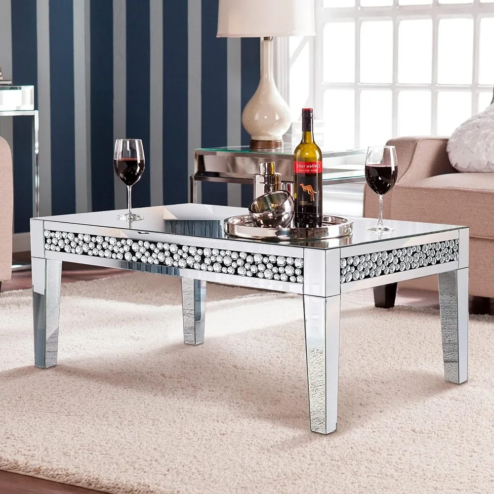 Mesa de centro rectangular con espejo, mueble plateado con incrustaciones de diamante criatal, mesa de té moderna de lujo para sala de estar