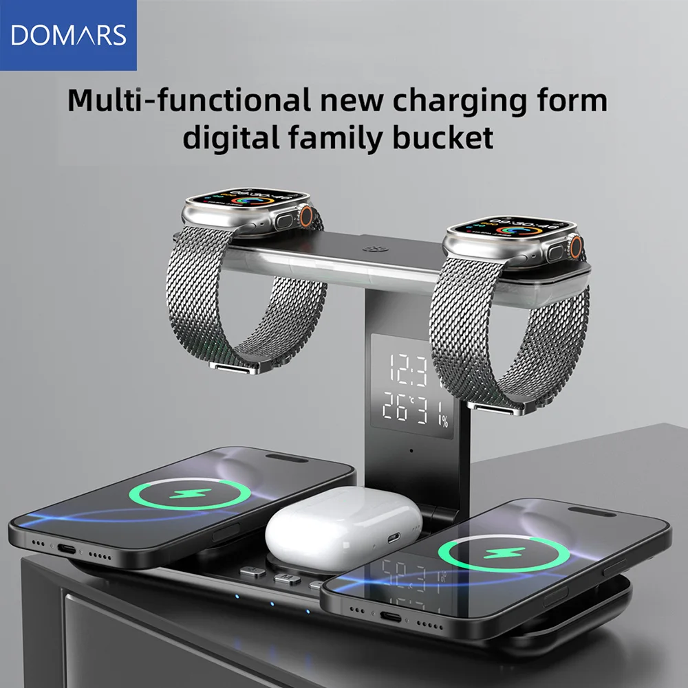 

Domars Multi-Functional Wireless Charger with Night Light Time Temperature Display Multiple Devices Can Chaharged Simultaneously