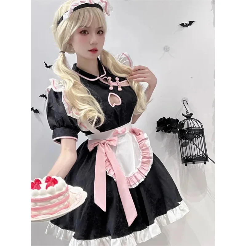

Japanese Anime Cheongsam Women Halloween Heart Maid Cosplay Costumes Gothic Lolita Sweet Pink Bow Waitress Dress a;6'x,9;y'