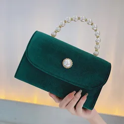 Vintage Elegant Evening Bag Fashion Chic Velvet Red Green Clutches Pearl Beaded Handbag For Women Prom Party Clutch Shoulder Bag