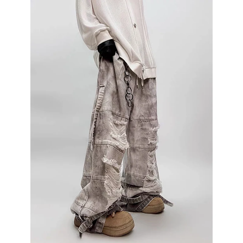 جينز رمادي ممزق عالي الخصر للرجال نمط الهيب هوب ملابس الشارع الشهير Y2K واسعة الساق جان 2000s بنطلون فضفاض من قماش الدنيم #5