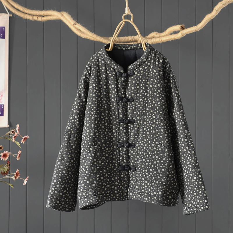 女性用 2025年秋冬 ヴィンテージ風 花柄プリント 厚手パッド入りジャケット 高品質コットンキルティングコート