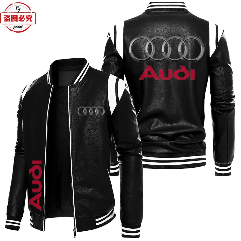 

New men's autumn and winter velvet jacket Audi fleet Audi car LOGO printed men's pu leather jacket