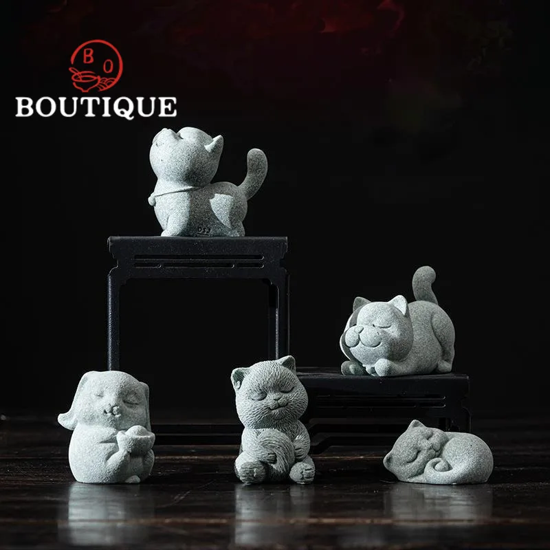 Zen Teapet Cute Cats Retro Blue Sandstone Tea Pets Art Tea Figurine Tea Play Can Raise Animal Teapot Lid Holder Tea Accessories