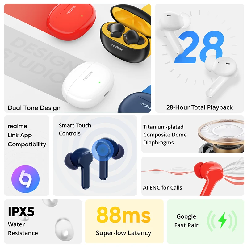 Global Version realme Buds T100 TWS True Wireeless Earbuds AI Noise Cancellation for Calls 10mm Dynamic 28 Hour Battery IPX5