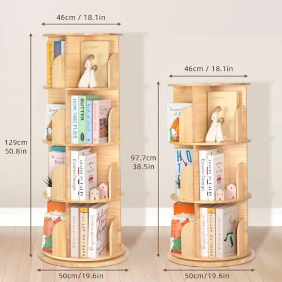 3 Tier Rotating Bookshelf Tower for'Room, Solid Wood, Natural Finish, Space-Saving Smooth 360 Rotation