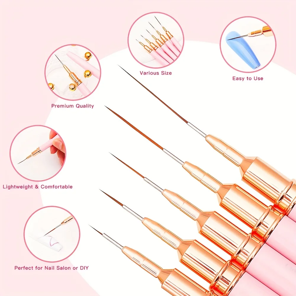 5pcs Nail Art Liner Brushes Set Detailer Striping Brush Fine Line Pens UV Gel Polish Painting Manicure Tools Size 4/8/12/20/25mm