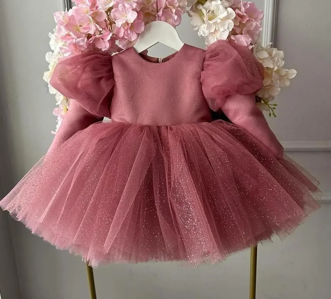 Dusty Pink Birthday Prom Dress for Girls Short  Puffy Wedding Baptism Flower Girl Long Sleeves First Communion Dresses