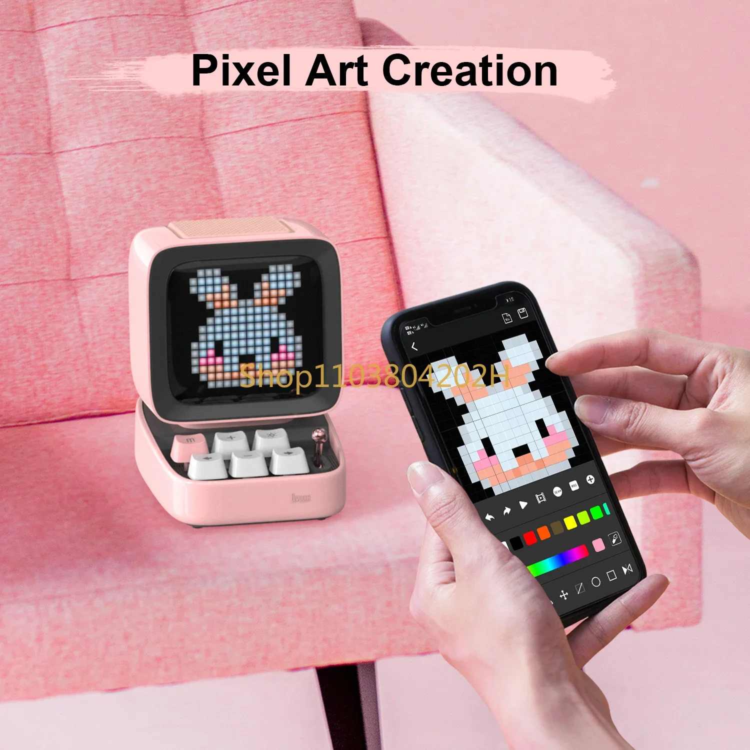 Ditoo Pink+Times Gate Pink - Cute Pixel Display Art Bluetooth Speaker and Gaming Digital Clock Desk Setup with APP Home Decor