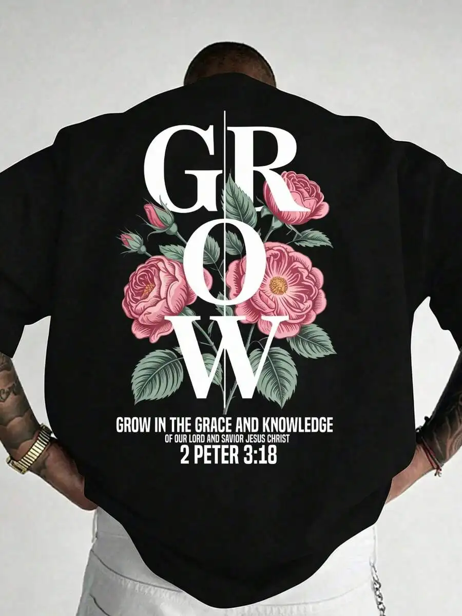 Grow Grace Floral Christian. Men's Pure Cotton Black Back Print Mens Clothes Graphic Tees Shirts Men Vacation Outfits Summer
