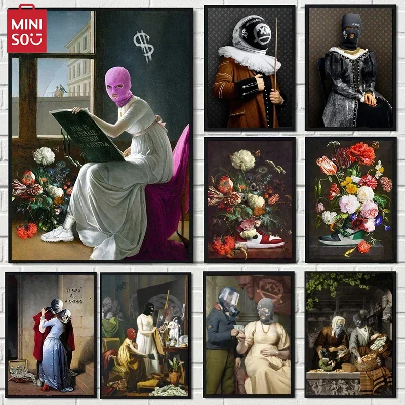 MINISO Criss Bellini Famous Funny Masked Floral King Couple Canvas Painting Vintage Poster HD Prints Wall Art Pictures Home D
