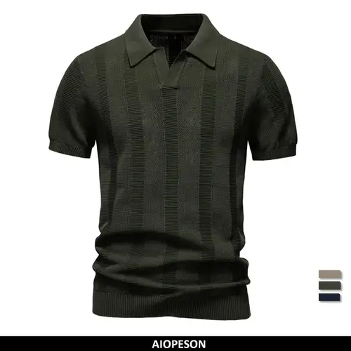 AIOPESON 2025 Polo de malla lisa y a rayas para hombre, top informal de punto transpirable con cuello vuelto