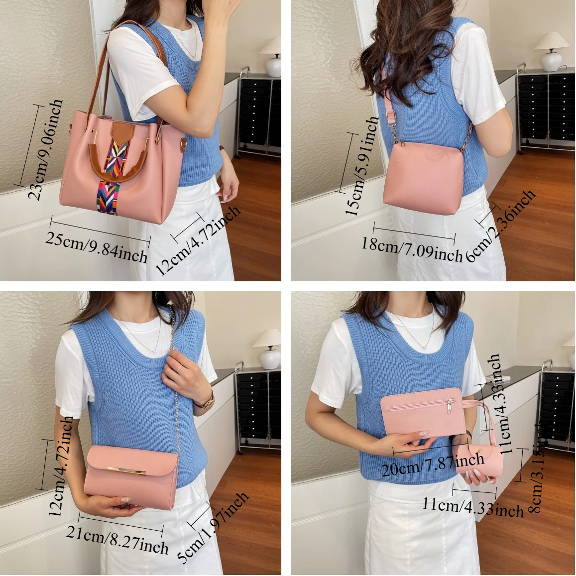 5Pcs/Set Women's Handbags Fashion PU Leather Tote Crossbody Bag Set Casual Pink Shoulder Bags with Purse & Coin Pouch view 8