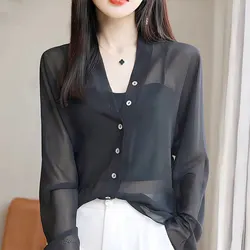 Women Long Sleeve Chiffon Shirts, Loose Tops, Monochromatic, Thin, Temperament, Casual, Simplicity, Office Lady, Summer Fashion