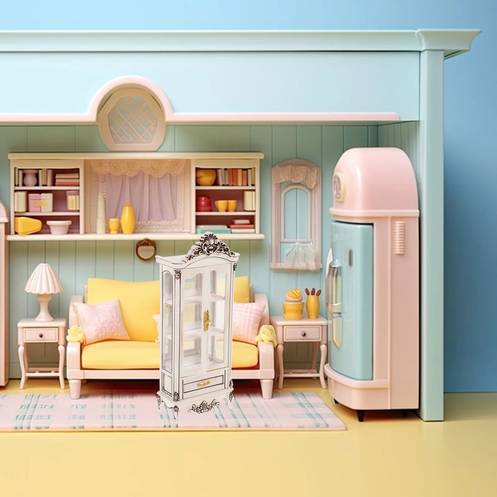 

Mini House Wine Cabinet European Double Door Tiny Furniture for Living Room Pretend Play Miniature Wood Cabinet Decoration