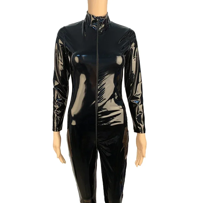 Sexy Hot Wet Look PVC Catsuit Glänzendes PU-Leder Langarm Zwei-Wege-Reißverschluss Offener Schritt Body Strumpfhosen Cosplay Verbunden 2024 Neu – Detail 15