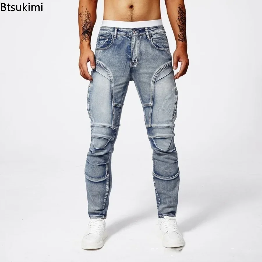 2026 New Men's Leisure Motorcycle Jeans Outdoor Riding Off-road Slim Pencil Pants Multiple Pockets Zipper Design Men Denim Pants