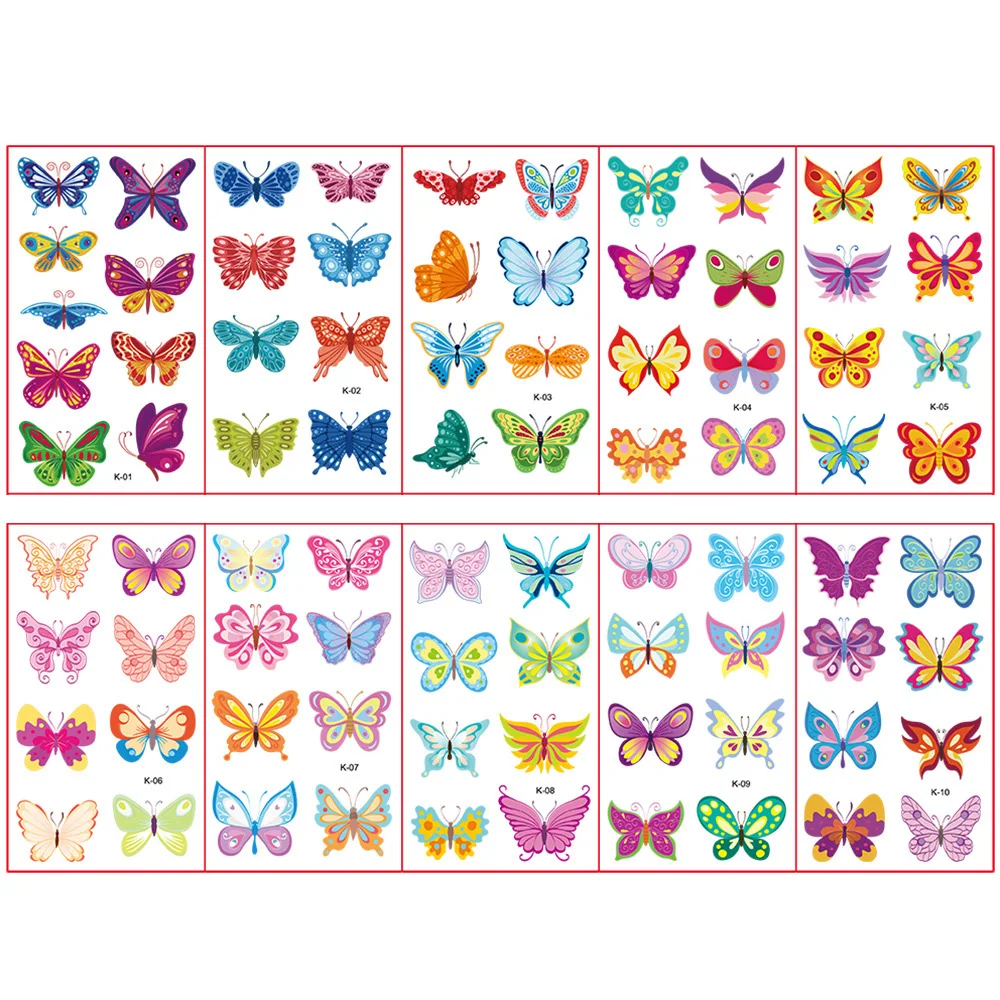 10 Sheets/Set Kids Temporary Tattoos Colorful Butterfly Waterproof Fake Tattoo Sticker Art Hand Foot Tattoo for Girl Women