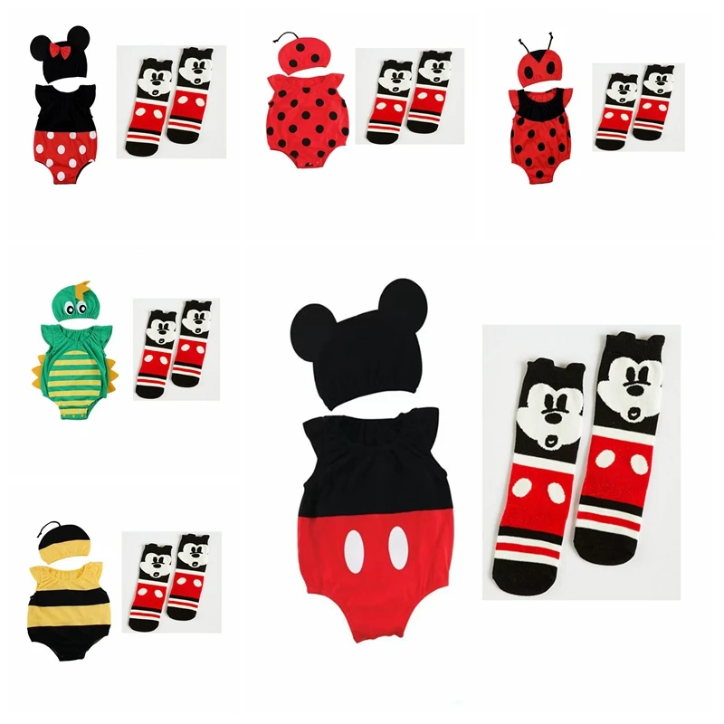 

Summer Baby Boys Newborn Short Sleeve Romper Hat Sock 3 PCS Set Cartoon Mickey Minnie Infant Girl Clothing Bebe Cotton Jumpsuits