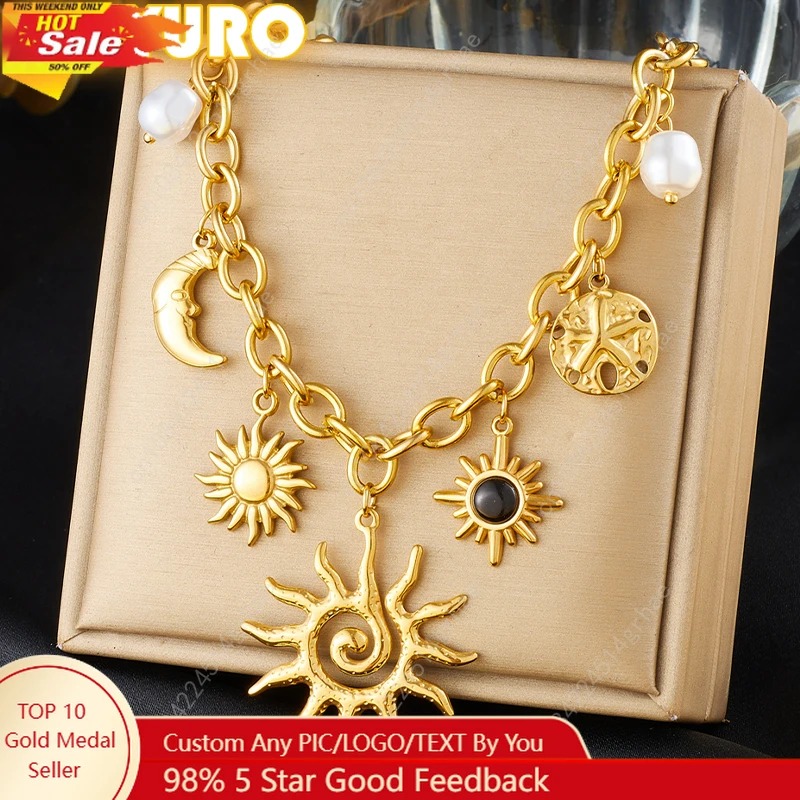 

DIEYURO 316L Stainless Steel Golden Trendy Starfish Moon Sun Shaped Pendant Necklace For Women Romantic Neck Chain Holiday Gift