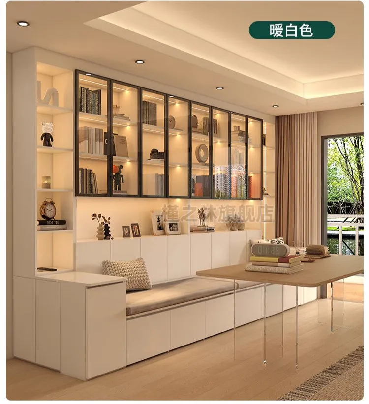 

Card seat, sofa, bookcase, the whole wall is integrated to the top, living room customization, full wall with glass door storage