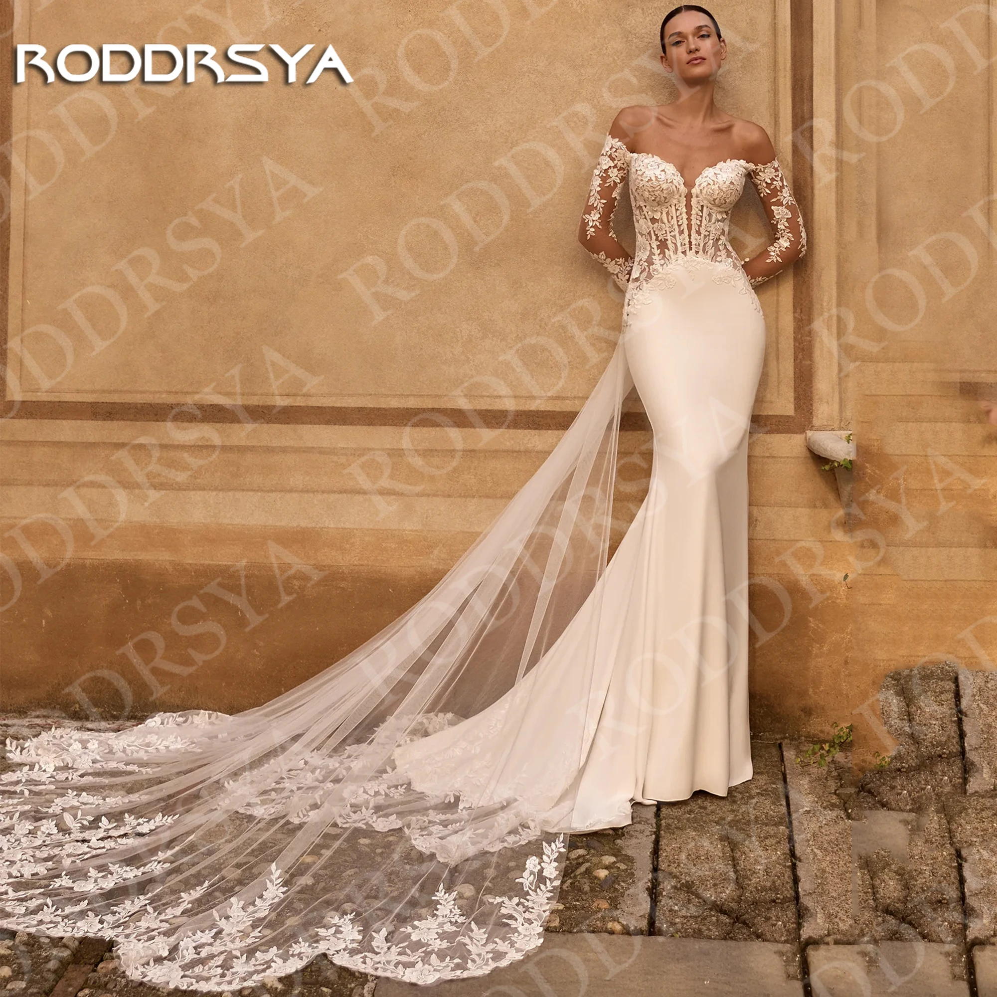 

RODDRSYA Off Shoulder Mermaid Wedding Dresses Elegant Long Sleeves Lace Sweetheart Neck Bridal Dress Detachable Train Customized
