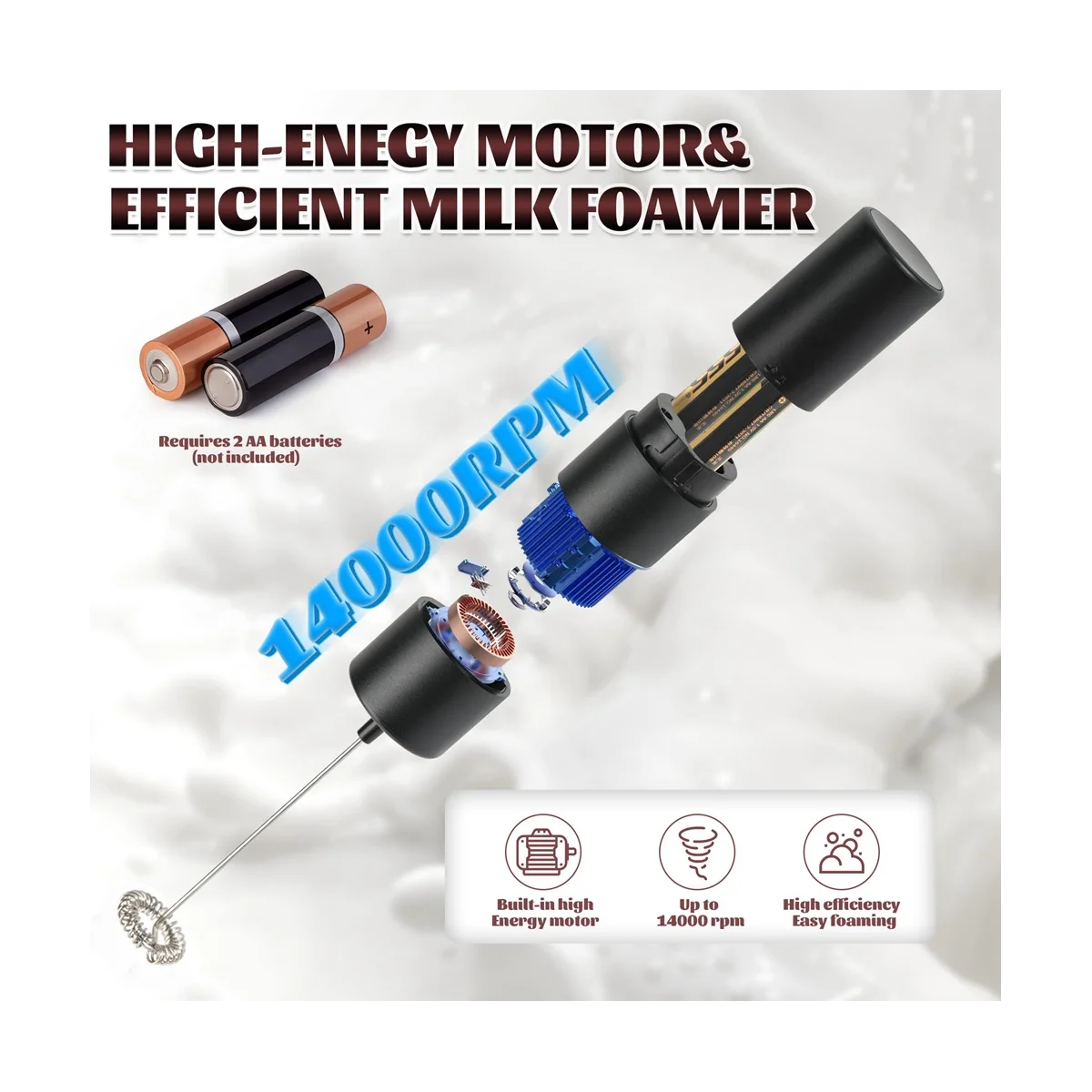 Handheld Black, Battery Operated Beverage Mixer, Mini Coffee Mixer for Latte, Cappuccino, Matcha