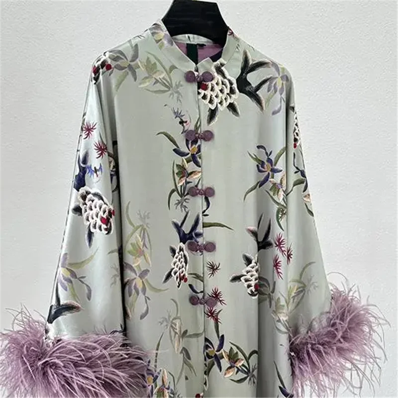 Spring Autumn New Chinese Style Coat Women 2024New Fashion Loose Casual Tops Plume Jacket Button Printing Sunscreen Shirt Female