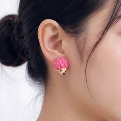 Colourful Handmade Polymer Clay Cute Hedgehog Stud Earrings For Girls Kids Fashion Jewelry Women Cartoon 3D Animal Earrings Gift