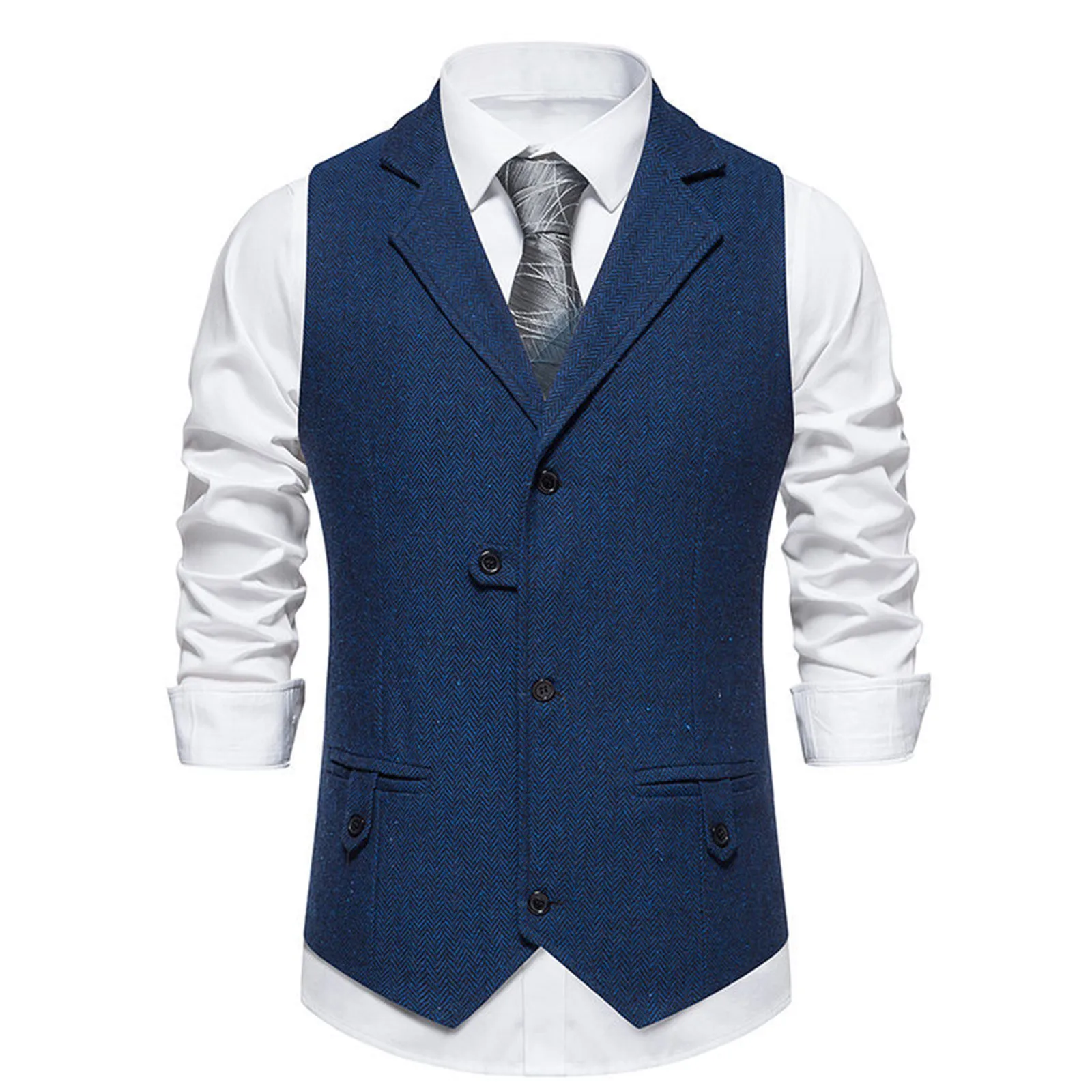 Men'S Retro Lapel Single Breasted Suit Vest Herringbone Ni V-Neck Vest Suit Vests Herringbone Wool Double Breasted Waistcoat