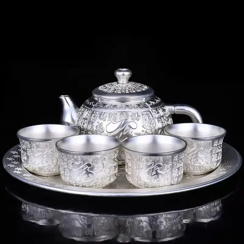 High-grade Silver Tea Set Hand-gilt Silver Teapot Baifu Suit Silver-plated Tea Wine Set Chinese Wine Glass