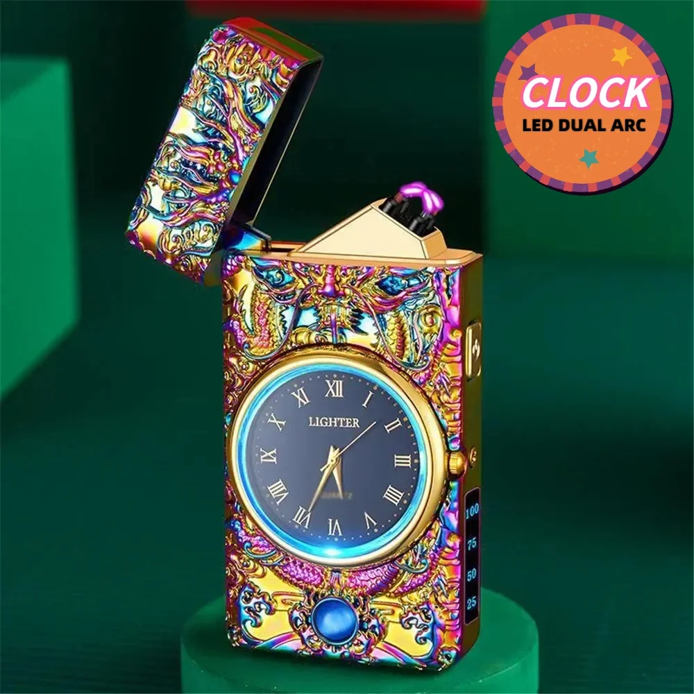 Metal Clock Dual Arc Lighter LED Display USB Rechargeable Portable Flameless Lighter Outdoor Camping Flashlight Men's Gifts