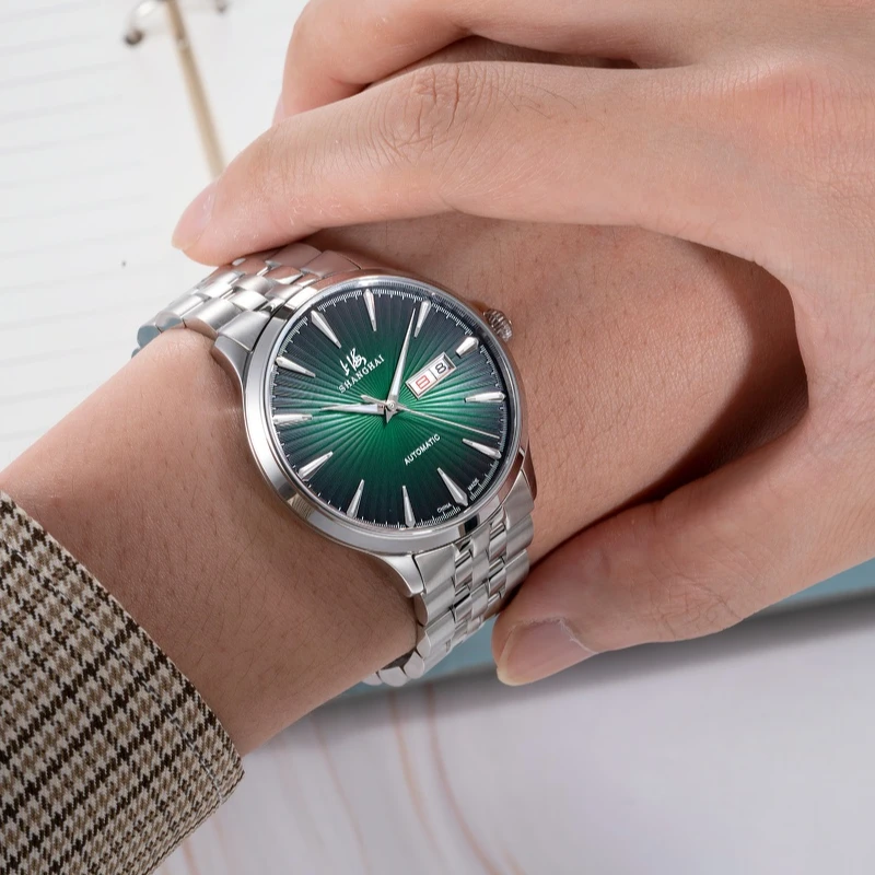 شنغهاي ساعة رجالية ساعة ميكانيكية أوتوماتيكية ماركة فاخرة موضة الياقوت حزام معدني تقويم مزدوج ساعة مقاومة للماء 3085