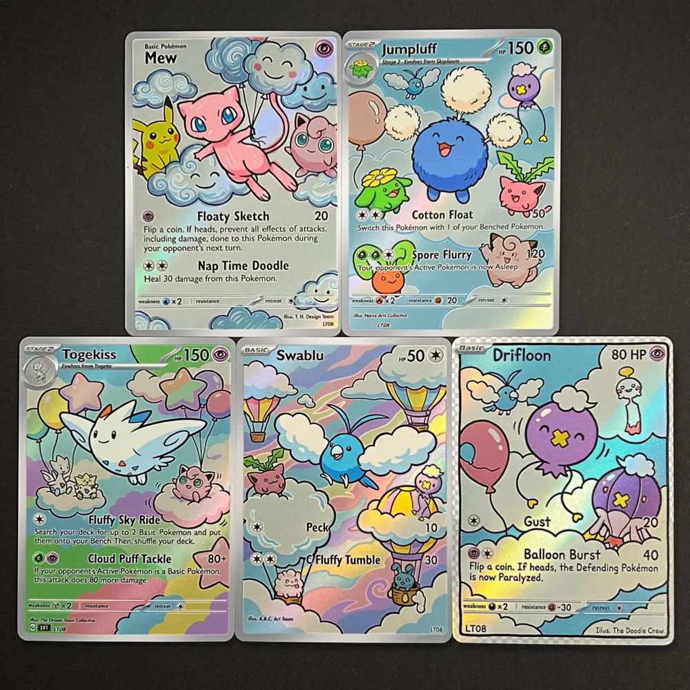 cartas-de-pokemon-ptcg-estilo-pintura-a-Oleo-colecao-de-cartas-raras-holo-de-mew-jumpluff-togekiss-swablu-e-drifloon-presente-pokemon