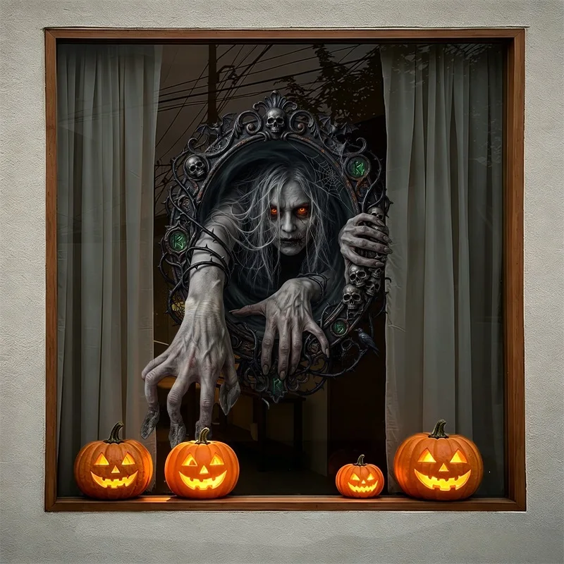 Halloween Scary Female Ghost Mirror Static Window Clings, Horror Glass Door Wall Spooky Atmosphere Decor Stickers
