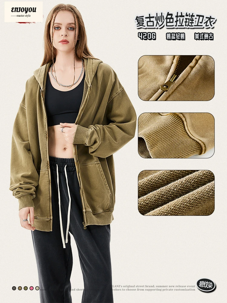 

ENJOYOU Ретро мужские толстовки на молнии в стиле батик 420 г/м2, унисекс, тяжелая, большие размеры, потертая куртка с капюшоном из 100% хлопка HY0946