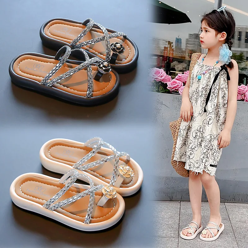 2024 Summer Children Girls' Sandals Fashion Rhinestone Flowers Korean Style Soft Sole Anti-Slippery Outside Elegant Beach Shoes