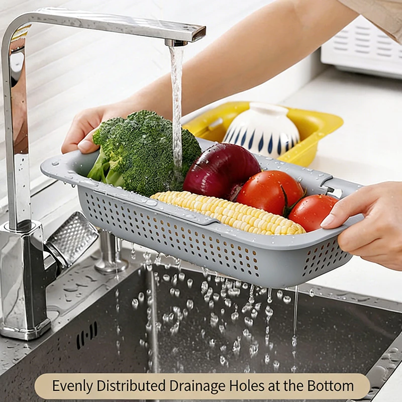 Extendable Over The Sink Colander Strainer Basket for Washing Vegetables Fruits Draining Pasta Drying Dishes Home Kitchen Tool