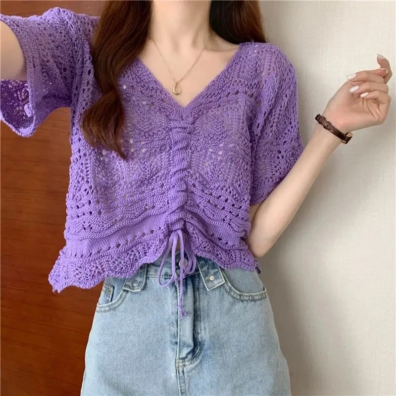 Summer New Drawstring Lady V-neck Short Hollow Knitted Women's Hollowed out Short Sleeved Top Sweater khaki