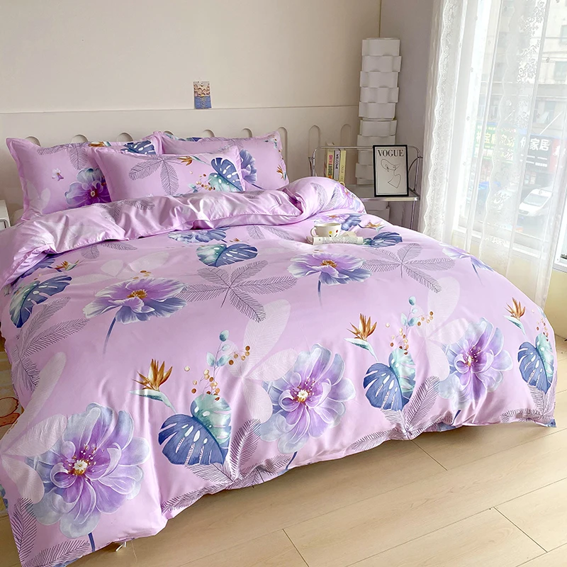 Purple Floral Pattern Duvet Cover Bedding Set 200x200,Microfiber Soft Quilt Cover with Pillowcases Single Double,Flat Sheet